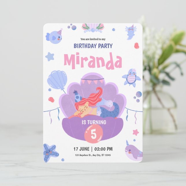 Purple Pink Sleeping Mermaid Happy Birthday Invitation (Standing Front)