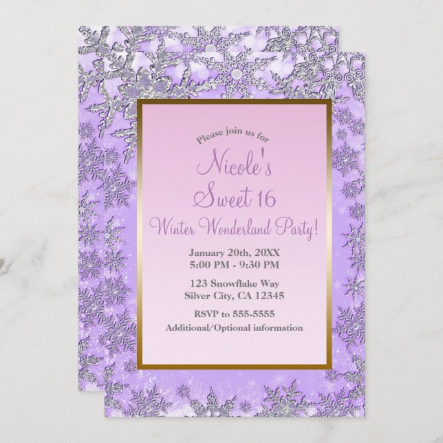 Purple & Pink Snowflakes Winter Wonderland Party Invitation (Front/Back)