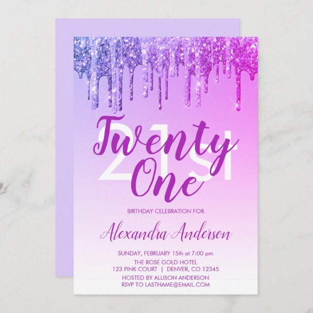 Purple Pink Sparkle Glitter 21st Birthday Party Invitation (Front/Back)