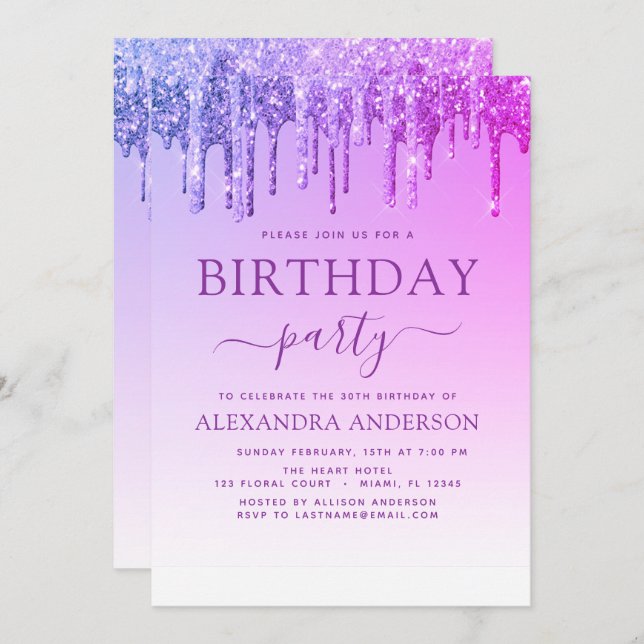Purple Pink Sparkle Glitter Any Age  Birthday Invitation (Front/Back)