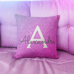 Purple Pink Sparkle Glitter Monogram Name Cushion