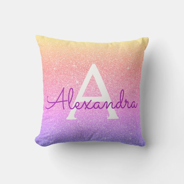 Purple Pink Sparkle Glitter Monogram Name Cushion (Front)