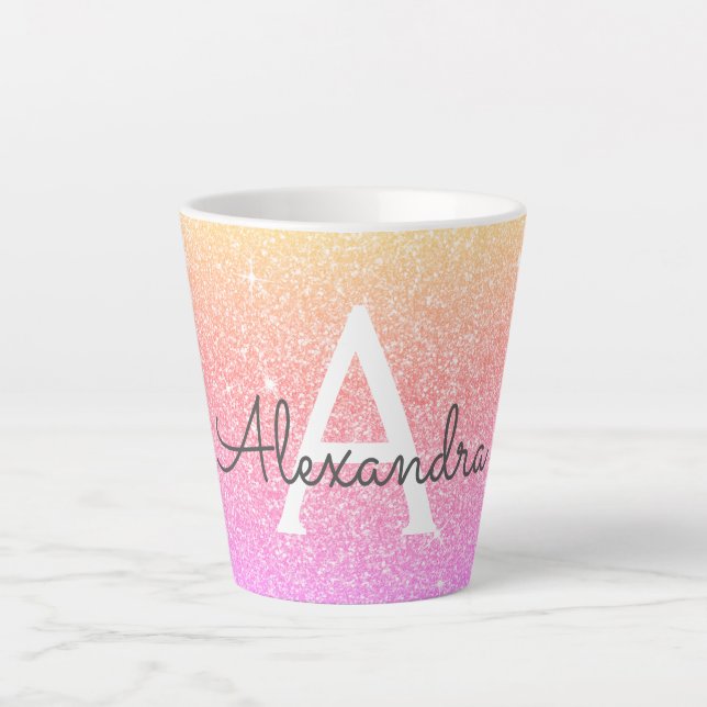 Purple Pink Sparkle Glitter Monogram Name Initial Latte Mug (Front)