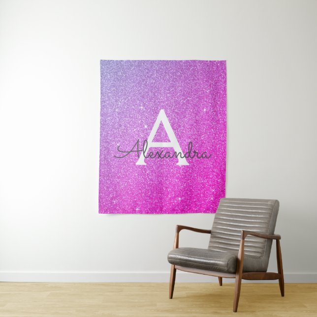 Purple Pink Sparkle Glitter Monogram Tapestry (In Situ)