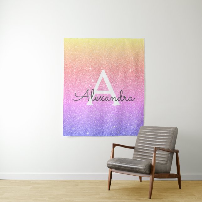 Purple Pink Sparkle Glitter Monogram Tapestry (In Situ)