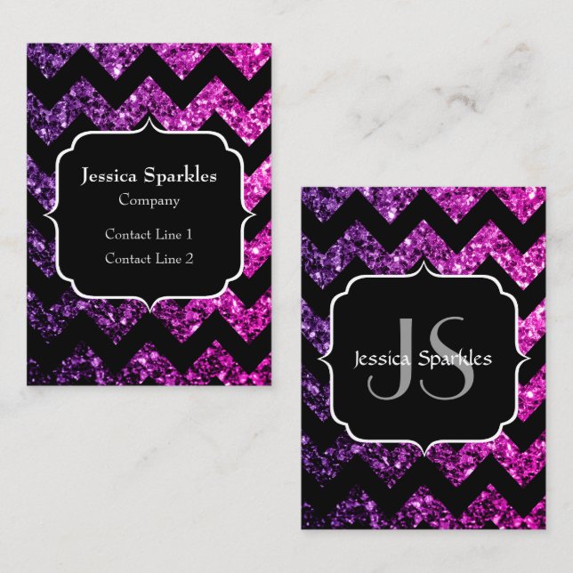 Purple Pink sparkles black Chevron Monogram Business Card (Front/Back)