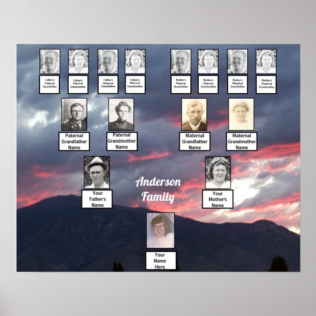 Purple Pink Sunset and Mountain Photo Family Tree  Poster (Front)