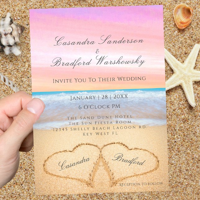 Purple Pink Sunset Beach Wedding 2 Hearts Sand Invitation (Creator Uploaded)