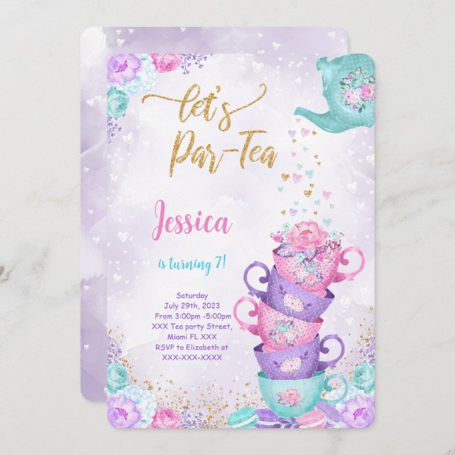 Purple & Pink Tea Party Birthday Invitation (Front/Back)