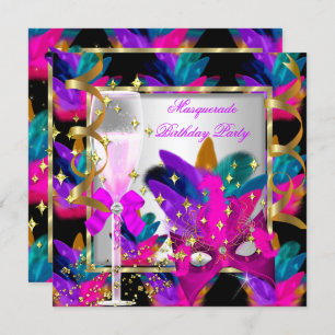 Purple Pink Teal Blue Masquerade Party Birthday Invitation