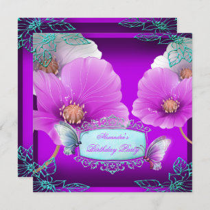 Purple Pink Teal Butterfly Birthday Party 2 Invitation