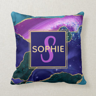Purple, Pink & Teal Faux Gold Glitter Agate Cushion
