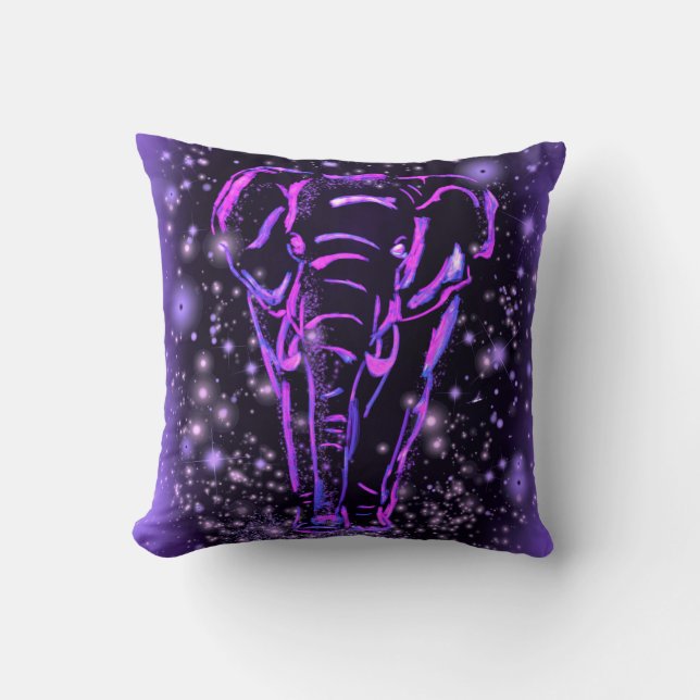 Purple Pink Throw Pillow Elephant At Starry Night (Front)