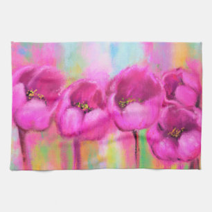 Purple Pink Tulips - Spring Art Original Painting Tea Towel