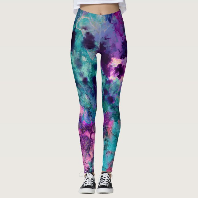 Purple Pink Turquoise Blue Inky Splatter Fashion Leggings (Front)