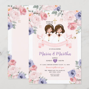 Purple & Pink TWIN Girl 1st Holy Communion Floral Invitation