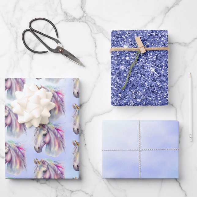 Purple Pink Unicorn Glitter Sparkle Wrapping Paper Sheet (Front)