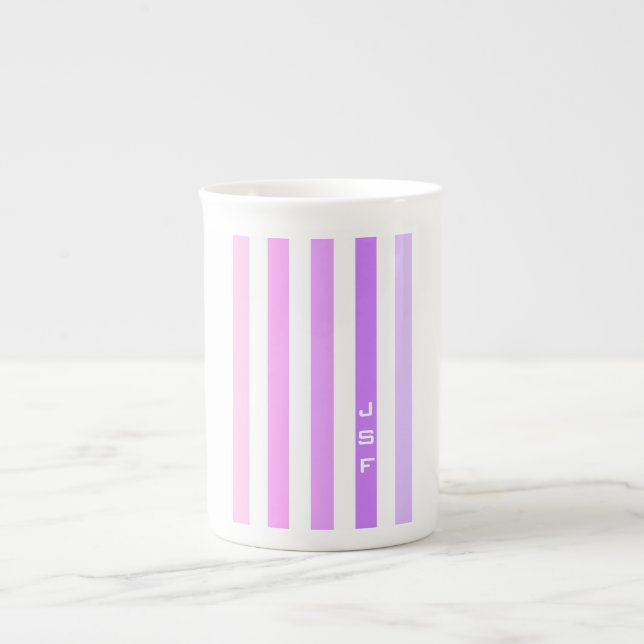 Purple & Pink Vertical Stripes Monogram Bone China Mug (Front)