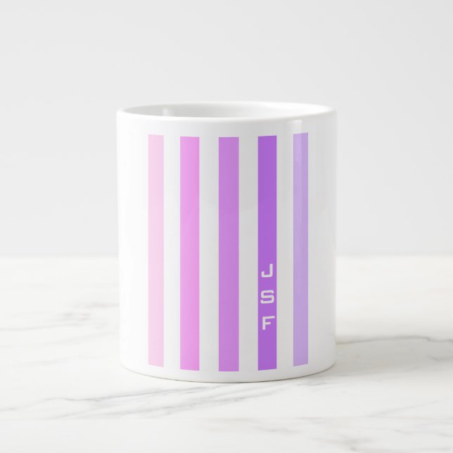 Purple & Pink Vertical Stripes Monogram Large Coffee Mug (Front)