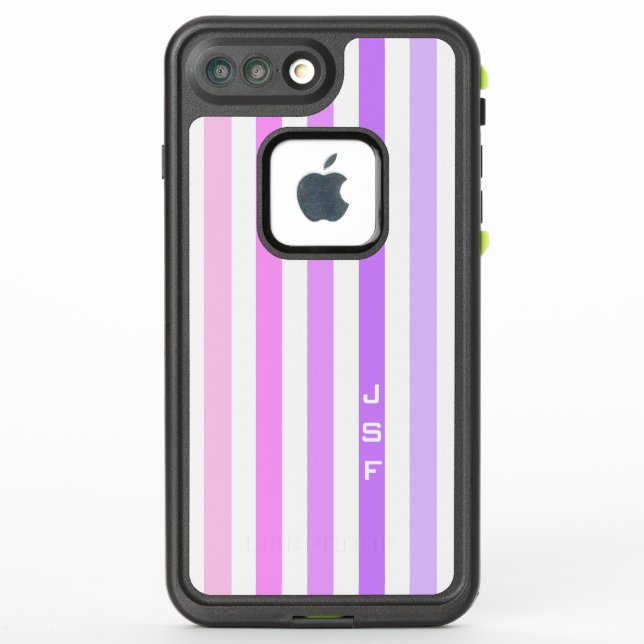 Purple & Pink Vertical Stripes Monogram LifeProof iPhone Case (Back)