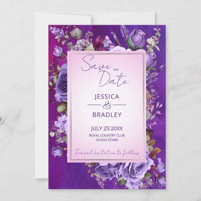Purple pink vintage roses elegant wedding save the date (Front)