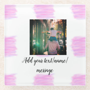 Purple pink watercolor father son dad add image te glass coaster