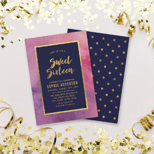 Purple Pink Watercolor & Faux Gold Sweet Sixteen Invitation