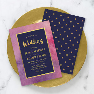 Purple Pink Watercolor & Faux Gold Wedding Invitation