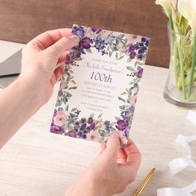 Purple Pink Watercolor. Floral 100th Birthday  Vellum Invitations (Handheld)