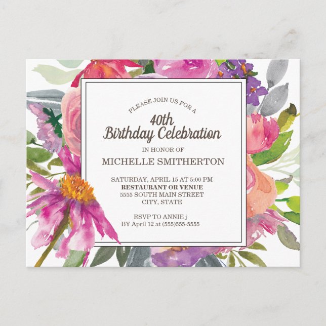 Purple Pink Watercolor Floral 40th Birthday Party Postcard (Front)
