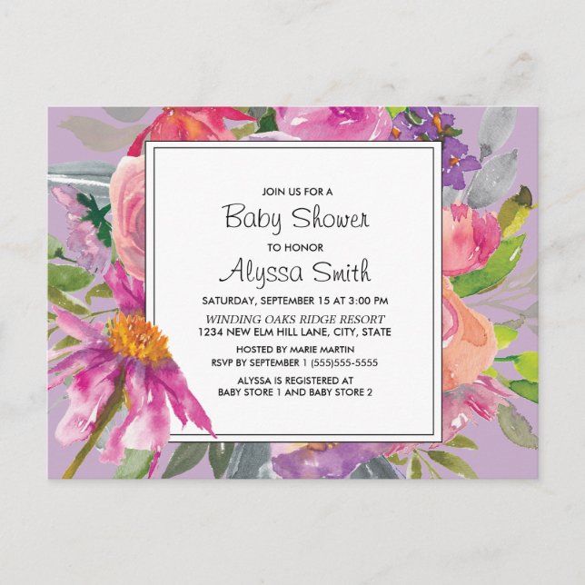 Purple Pink Watercolor Floral Baby Shower Postcard (Front)