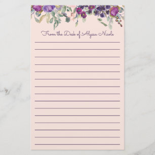 Purple Pink Watercolor Floral Lined Stationery