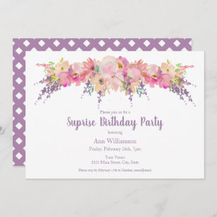 Purple Pink Watercolor Floral Surprise Birthday Invitation