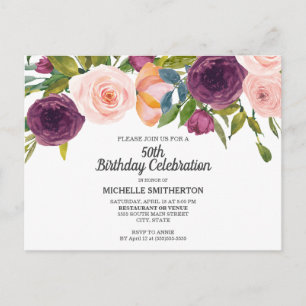 Purple Pink Watercolor Floral White 50th Birthday Postcard