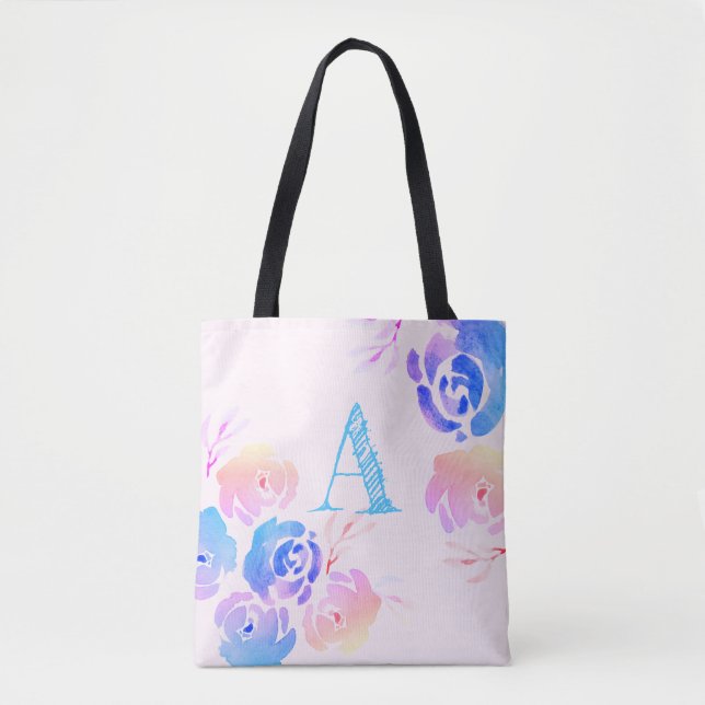 Purple & Pink Watercolor Flowers & Foliage Tote Bag (Front)