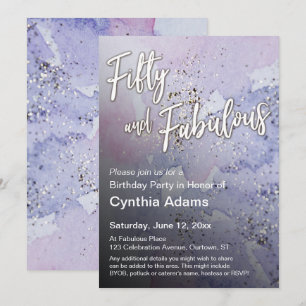 Purple Pink Watercolor Glitter Fifty and Fabulous Invitation