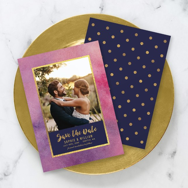 Purple Pink Watercolor & Gold Save the Date Photo (Creator Uploaded)