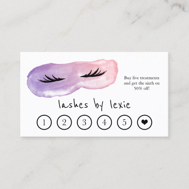 Purple &  Pink Watercolor Lash Artist Loyalty Business Card (Front)