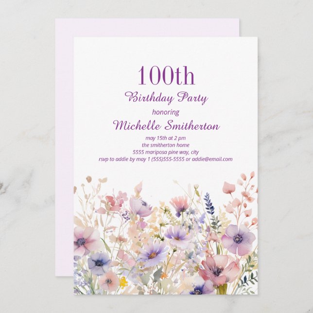 Purple Pink Watercolor Wildflower 100th Birthday Invitation (Front/Back)