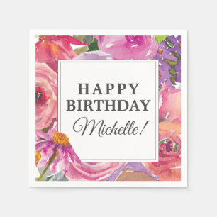 Purple Pink Watercolor Wildflower Happy Birthday Napkin