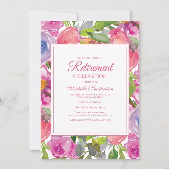 Purple Pink Watercolor Wildflower Retirement Invitation (Front)