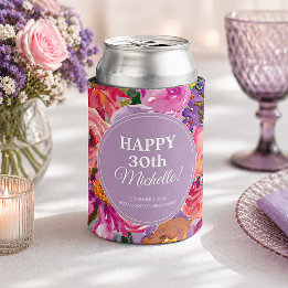 Purple Pink Watercolor Wildflowers 30th Birthday Can Cooler