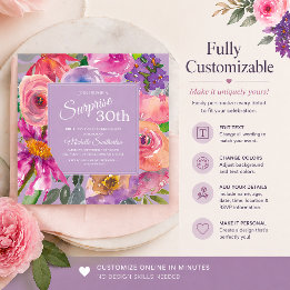 Purple Pink Watercolor Wildflowers 30th Birthday Invitation