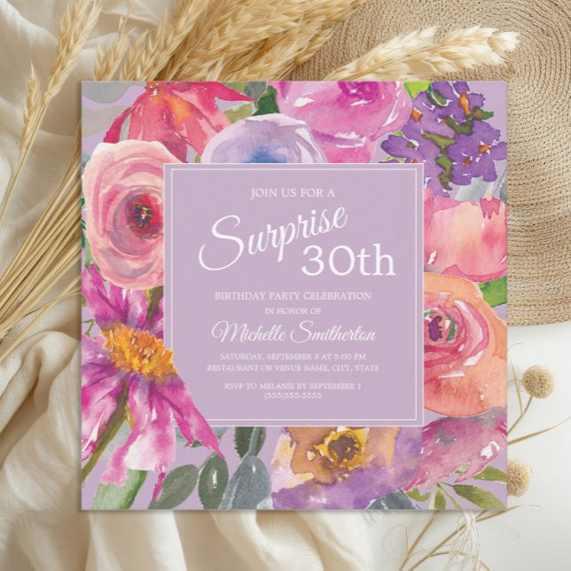Purple Pink Watercolor Wildflowers 30th Birthday Invitation (Pink and purple watercolor wildflowers surprise 30th birthday party invitation)