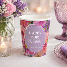 Purple Pink Watercolor Wildflowers 30th Birthday Paper Cups