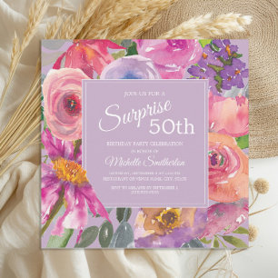 Purple Pink Watercolor Wildflowers 50th Birthday Invitation