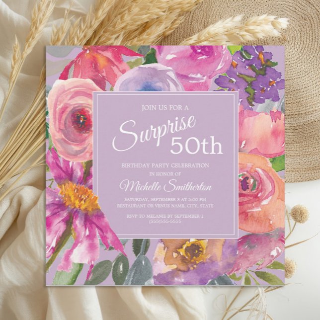 Purple Pink Watercolor Wildflowers 50th Birthday Invitation (Elegant purple and pink watercolor wildflowers surprise 50th birthday party invitation)