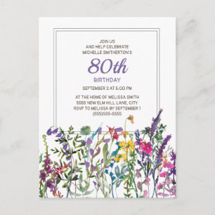 Purple Pink Watercolor Wildflowers 80th Birthday Postcard