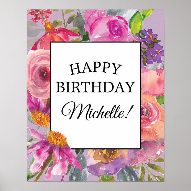 Purple Pink Watercolor Wildflowers Birthday Poster (Front)
