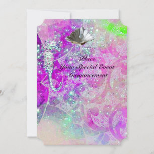 PURPLE PINK WAVES, SEAHORSES,SEASHELLS,BLUE RIBBON INVITATION